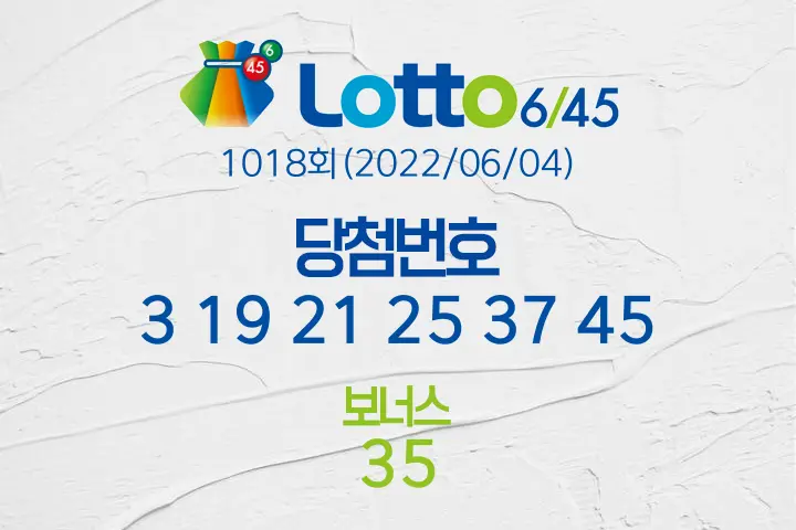 로또당첨번호조회 1018회(2022/06/04) 로또당첨번호 3 19 21 25 37 45 보너스 35, 로또1등당첨지역