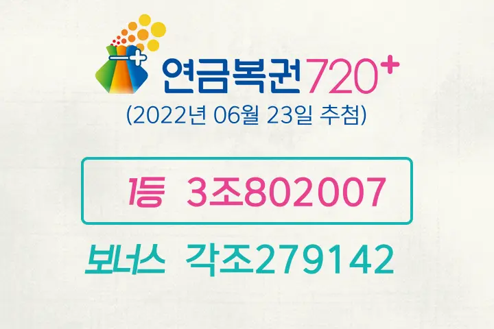 동행복권 연금복권720+ 112회(2022년 06월 23일 추첨) 1등 당첨번호 3조802007 보너스 각조279142