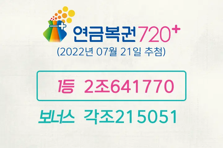 동행복권 연금복권720+ 116회(2022년 07월 21일 추첨) 1등 당첨번호 2조641770 보너스 각조215051