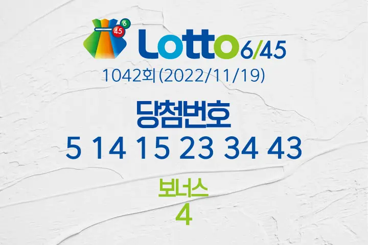 로또당첨번호조회 1042회(2022/11/19) 로또당첨번호 5 14 15 23 34 43 보너스 4, 로또1등당첨지역