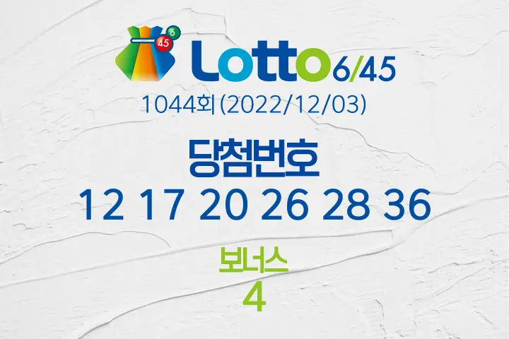 로또당첨번호조회 1044회(2022/12/03) 로또당첨번호 12 17 20 26 28 36 보너스 4, 로또1등당첨지역