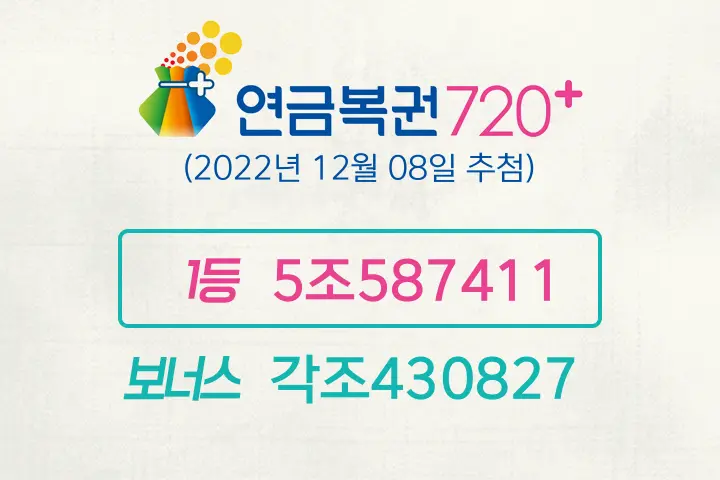 동행복권 연금복권720+ 136회(2022년 12월 08일 추첨) 1등 당첨번호 5조587411 보너스 각조430827