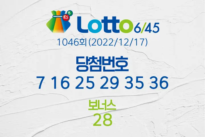 로또당첨번호조회 1046회(2022/12/17) 로또당첨번호 7 16 25 29 35 36 보너스 28, 로또1등당첨지역