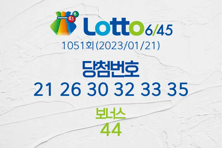 로또당첨번호조회 1051회(2023/01/21) 로또당첨번호 21 26 30 32 33 35 보너스 44, 로또1등당첨지역