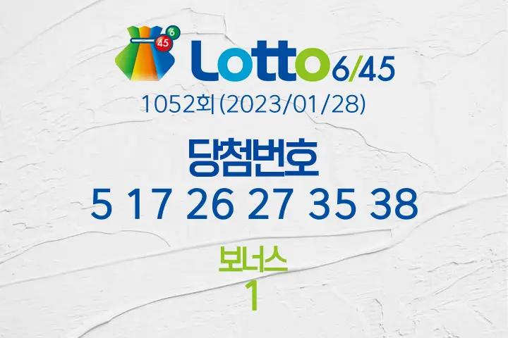 로또당첨번호조회 1052회(2023/01/28) 로또당첨번호 5 17 26 27 35 38 보너스 1, 로또1등당첨지역