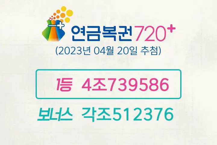 동행복권 연금복권720+ 155회(2023년 04월 20일 추첨) 1등 당첨번호 4조739586 보너스 각조512376