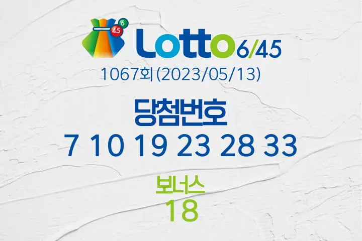 로또당첨번호조회 1067회(2023/05/13) 로또당첨번호 7 10 19 23 28 33 보너스 18, 로또1등당첨지역