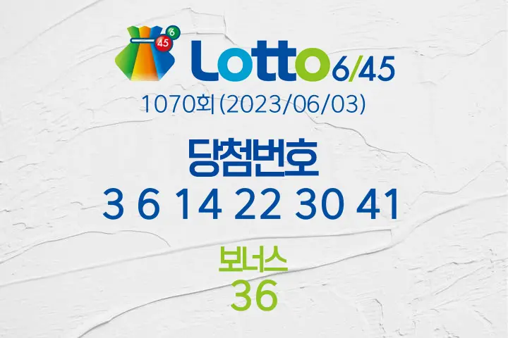 로또당첨번호조회 1070회(2023/06/03) 로또당첨번호 3 6 14 22 30 41 보너스 36, 로또1등당첨지역