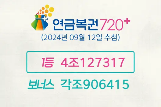 동행복권 연금복권720+ 228회(2024년 09월 12일 추첨) 1등 당첨번호 4조127317 보너스 각조906415