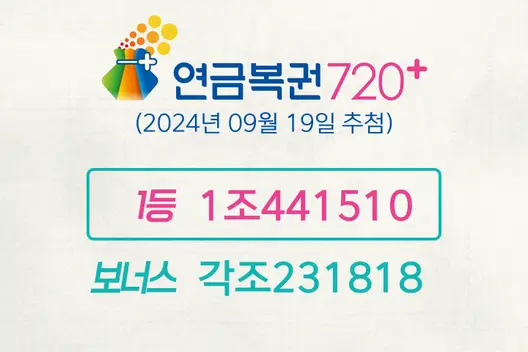 동행복권 연금복권720+ 229회(2024년 09월 19일 추첨) 1등 당첨번호 1조441510 보너스 각조231818