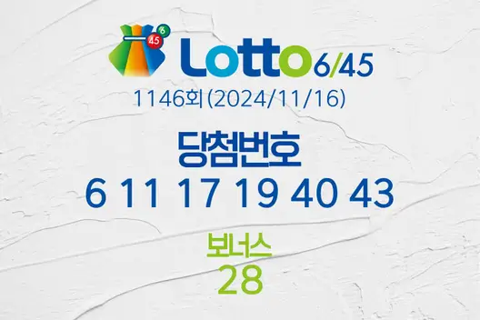 로또당첨번호조회 1146회(2024/11/16) 로또당첨번호 6 11 17 19 40 43 보너스 28, 로또1등당첨지역