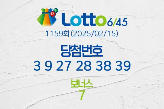 로또당첨번호조회 1159회(2025/02/15) 로또당첨번호 3 9 27 28 38 39 보너스 7, 로또1등당첨지역