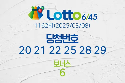 로또당첨번호조회 1162회(2025/03/08) 로또당첨번호 20 21 22 25 28 29 보너스 6, 로또1등당첨지역