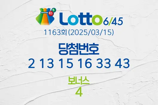 로또당첨번호조회 1163회(2025/03/15) 로또당첨번호 2 13 15 16 33 43 보너스 4, 로또1등당첨지역