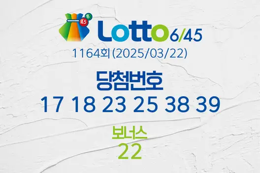 로또당첨번호조회 1164회(2025/03/22) 로또당첨번호 17 18 23 25 38 39 보너스 22, 로또1등당첨지역