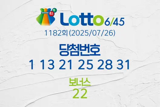 로또당첨번호조회 1182회(2025/07/26) 로또당첨번호 1 13 21 25 28 31 보너스 22, 로또1등당첨지역