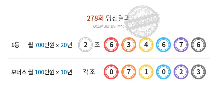 동행복권 연금복권720+ 278회 당첨결과