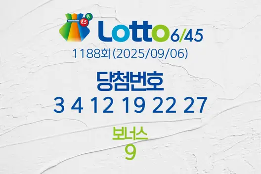 로또당첨번호조회 1188회(2025/09/06) 로또당첨번호 3 4 12 19 22 27 보너스 9, 로또1등당첨지역