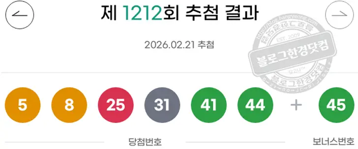 로또당첨번호 5 8 25 31 41 44 보너스 45