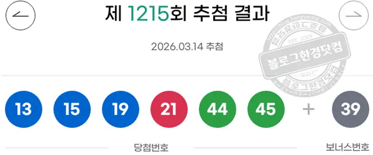 로또당첨번호 13  15  19  21  44  45 보너스 39