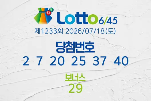 로또당첨번호조회 제1233회 2026/07/18(토) 로또당첨번호 2  7  20  25  37  40 보너스 29, 로또1등당첨지역